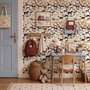 Zoomie kids wallpaper with painted dog breeds in tan, brown, black and grey on white