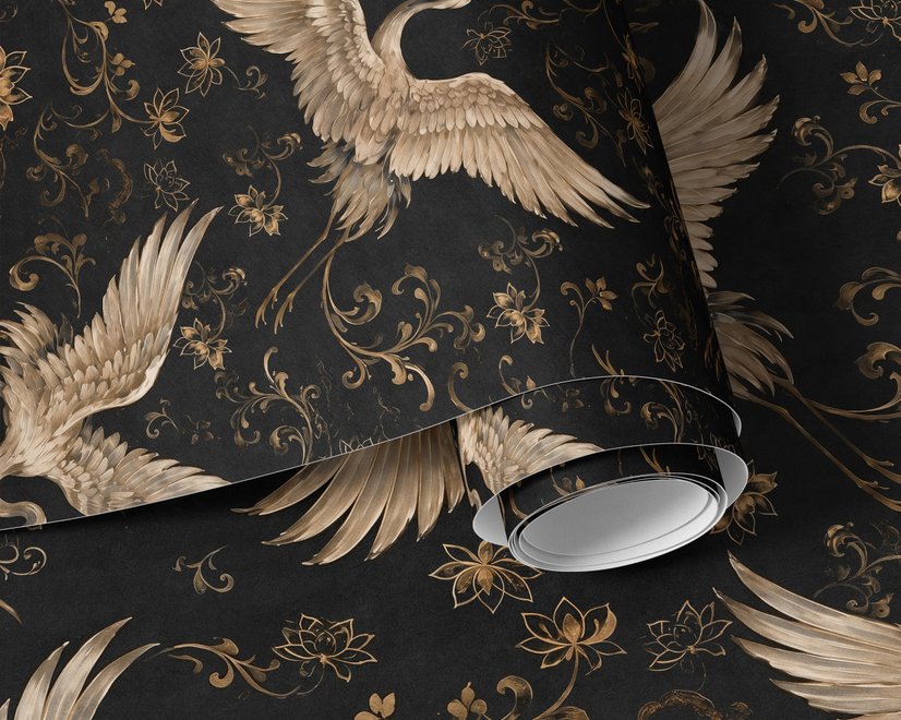 Ivory cranes and antique gold lotus flowers on charcoal-black Japanese lotus wallpaper