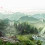 Waterfall with Misty Green Forest Landscape Wallpaper Mural