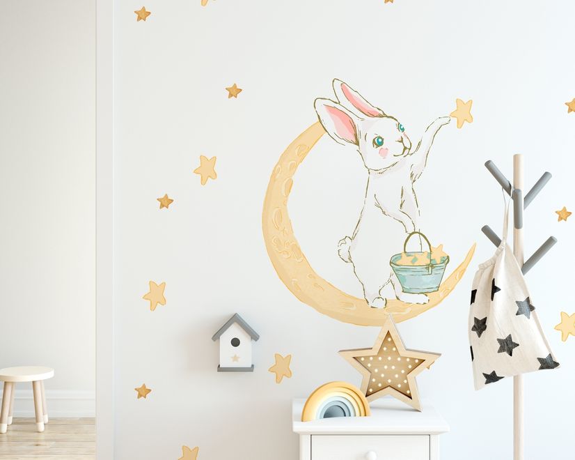 Nursery Cute Rabbit on the Crescent Moon and Yellow Stars Wall Decal Sticker