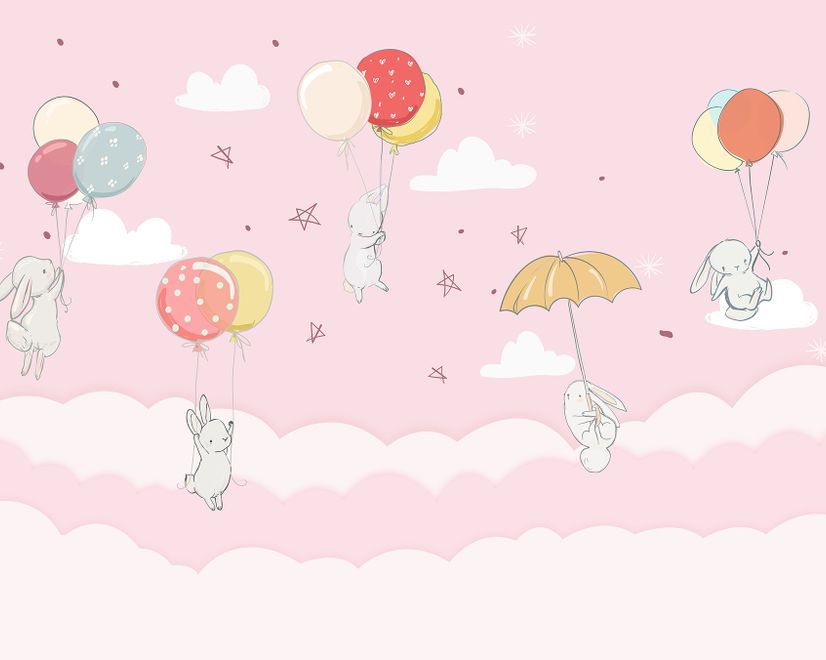 Rabbits with Air Balloon Wallpaper Mural