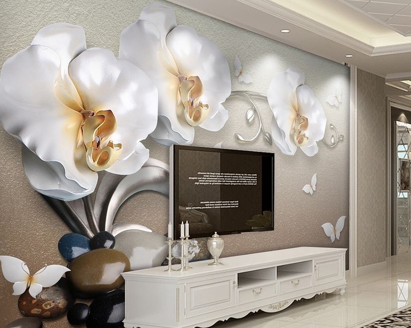 3D Look  Orchid Floral with Pebble Wallpaper Mural