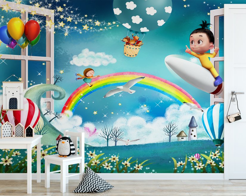 Fototapete Cartoon Boo Monster und Heißluftballon