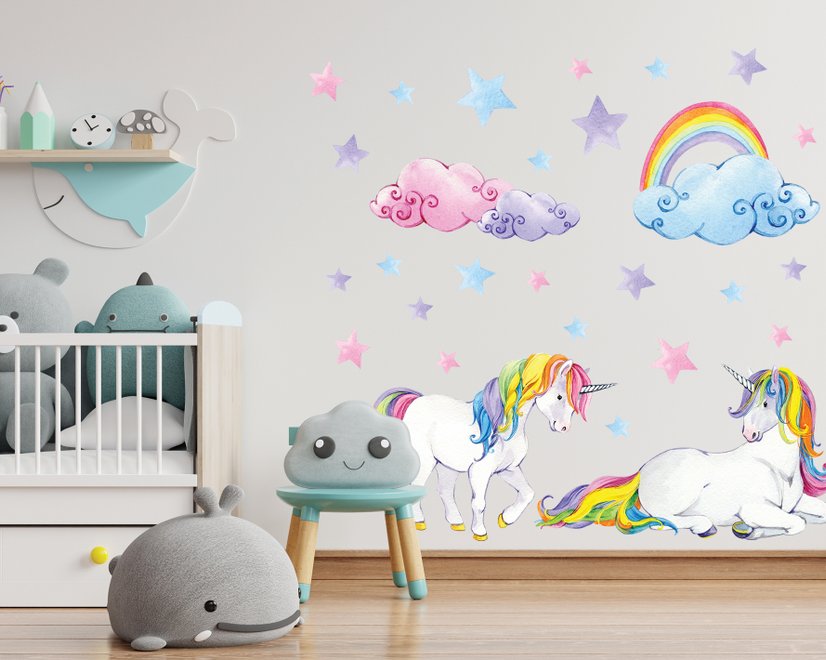 Mignonne licorne avec arc-en-ciel Stickers muraux