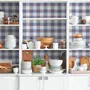 Blue and red plaid wallpaper with denim blue, cream and sky blue woven checks and fine red stripes