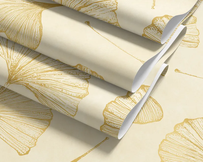 Ginkgo leaf wallpaper with ochre-gold linework on warm ivory and cream parchment ground