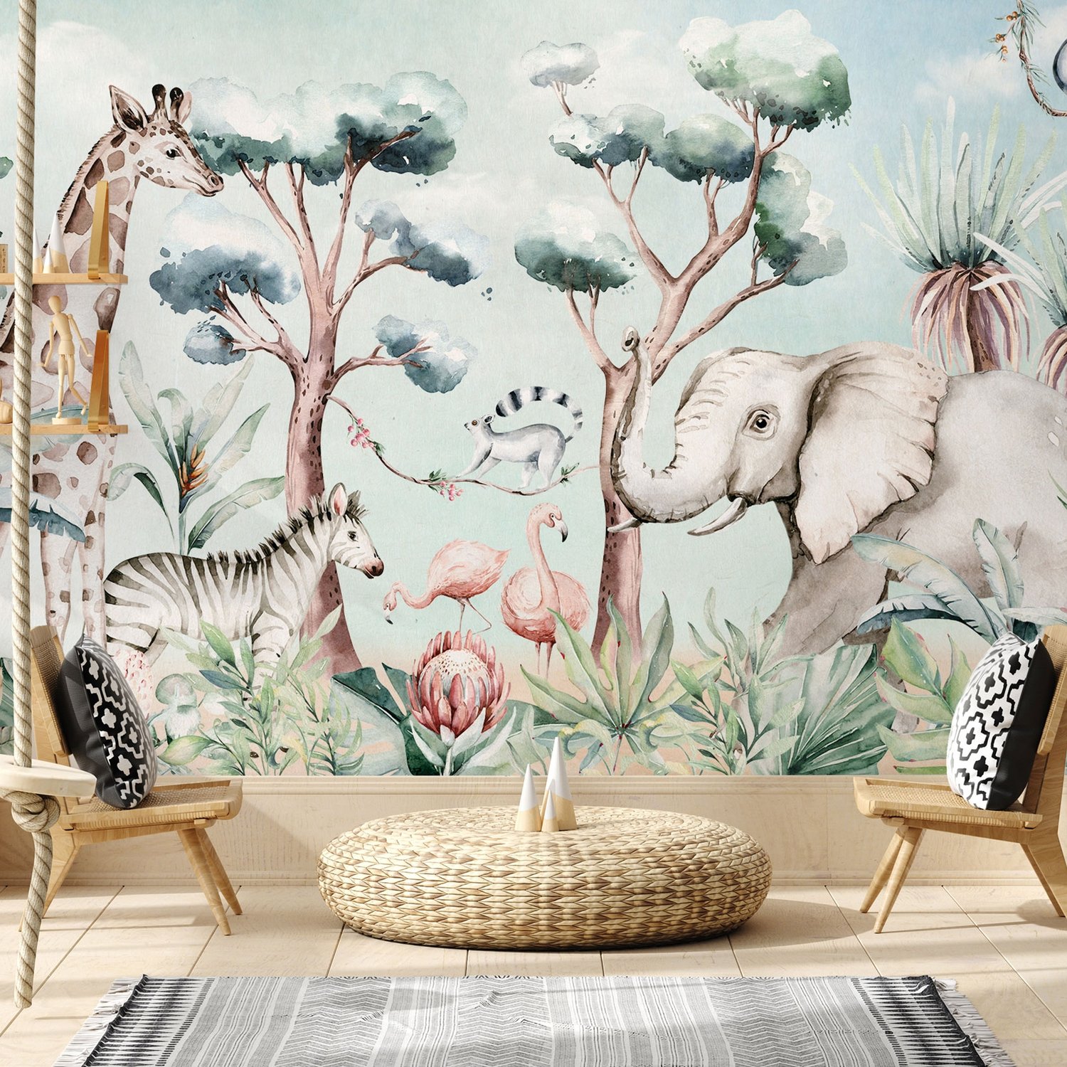 Kids Nursery Safari Animals and Flamingo in the Forest Wallpaper Mural - Peel and Stick