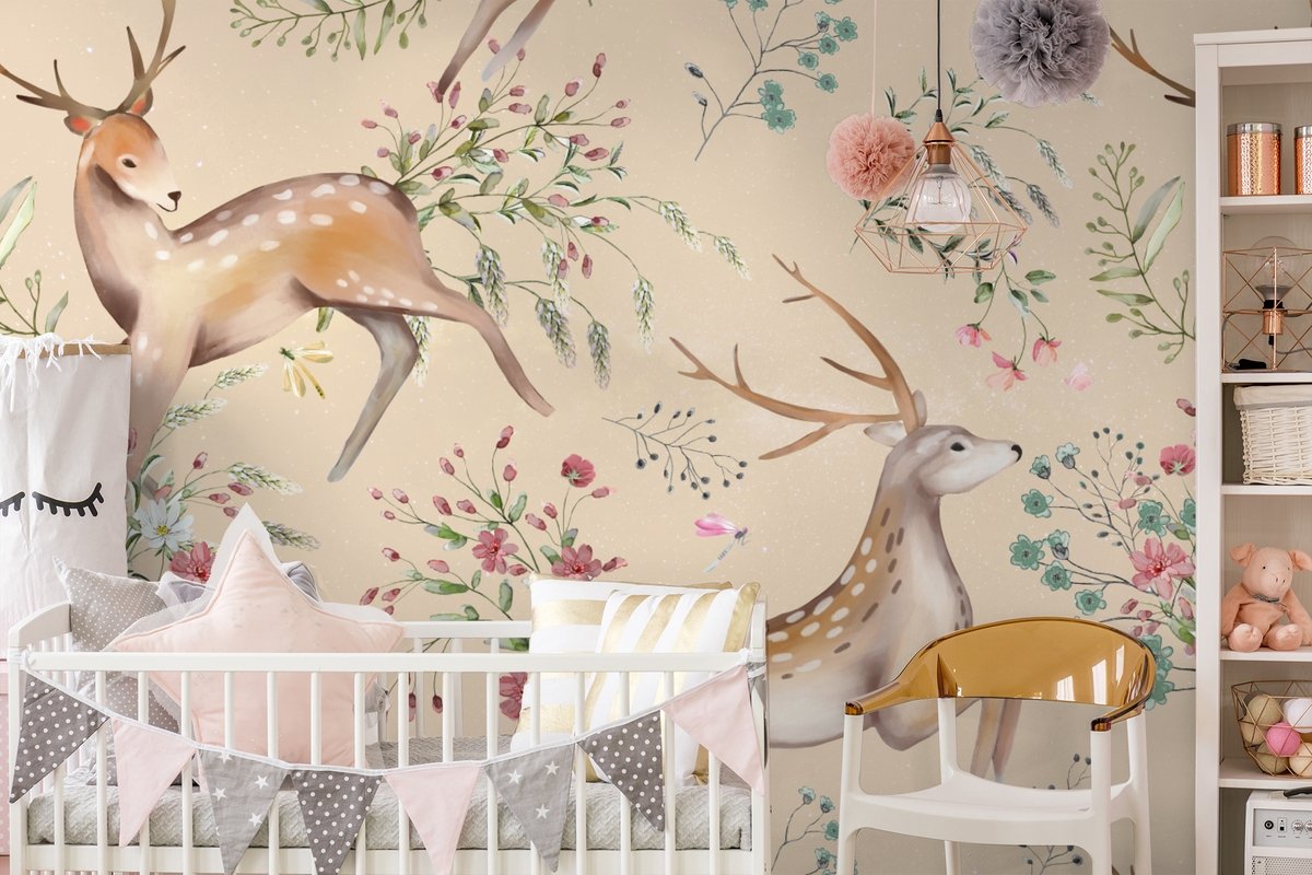 Nursery Vintage Floral with Deer Wallpaper Mural - Peel and Stick