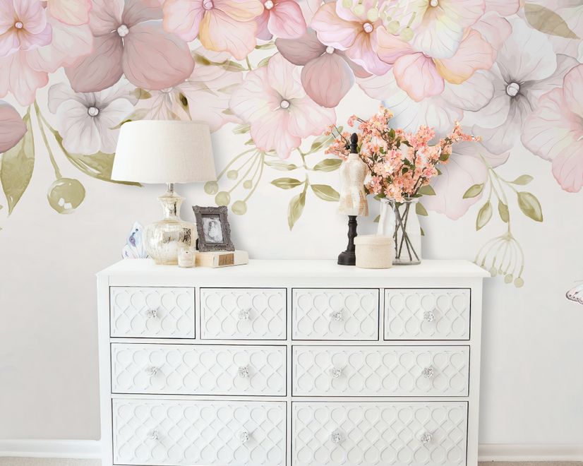 Pink Hydrangea Floral Art Wallpaper Mural
