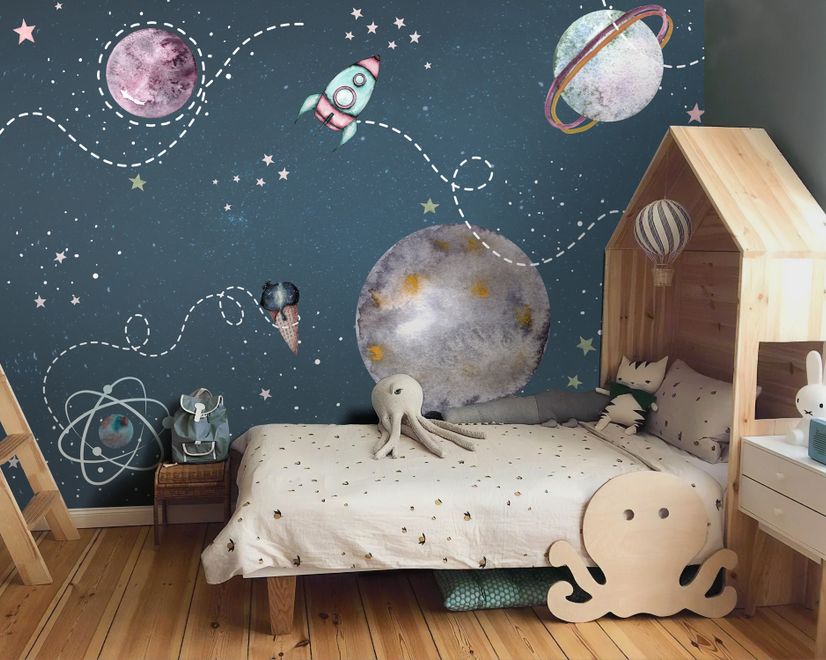 Kids Shining Space with Watercolor Bear Astronaut Wallpaper Mural