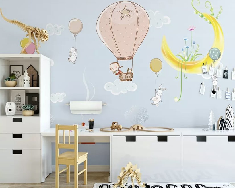Papier peint panoramique paysage d'hiver et lapins volants dessin animé