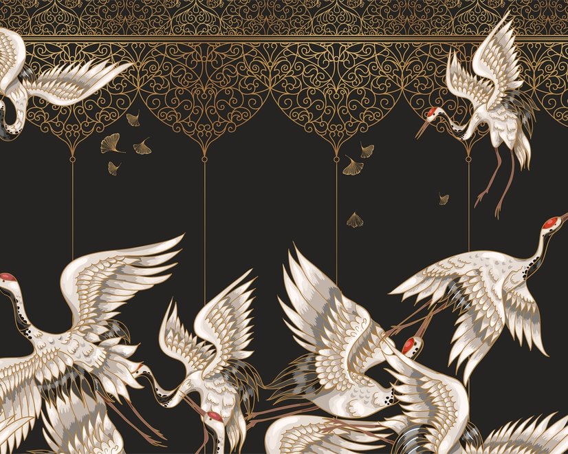 Fototapete Asiatische Kraniche und Ornamente