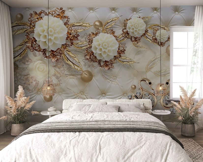Swan with Peony Floral Wallpaper Mural