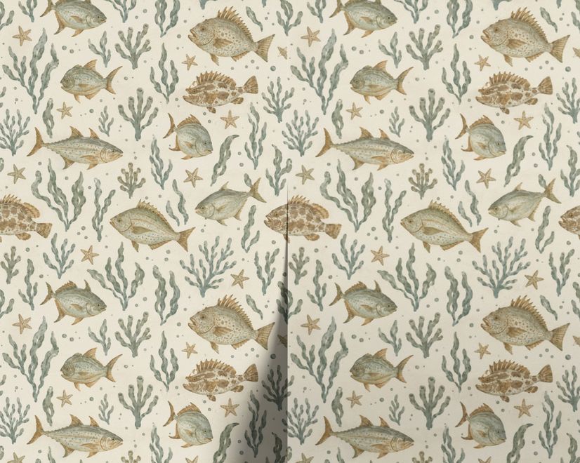 Watercolour fish wallpaper with sage seaweed, coral and starfish on a warm cream background
