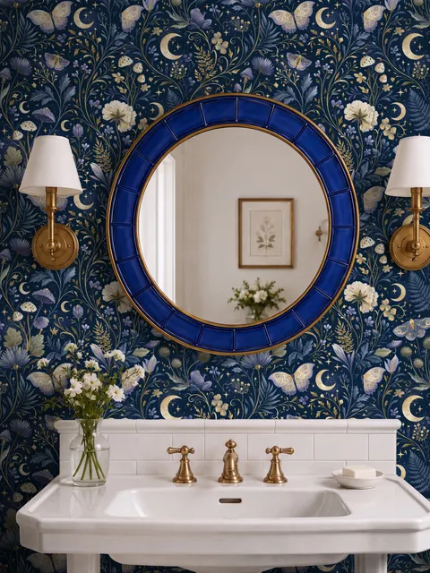 Midnight navy moody botanical wallpaper with lavender butterflies, ivory moons, gold stars, flowers and mushrooms