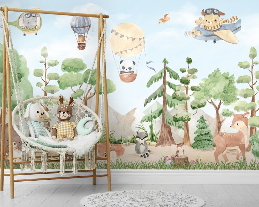 Kids Forest Animals with Flying Animals Wallpaper Mural