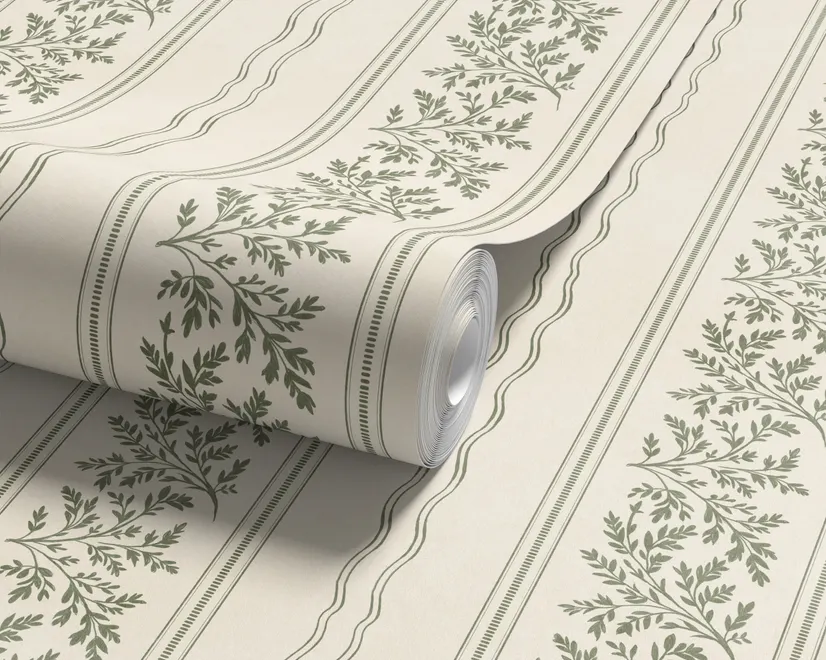Green aesthetic wallpaper with sage leafy sprigs, fine vertical rules and dotted borders on cream ivory