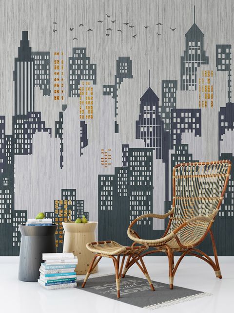 Watercolor City Silhouette Wallpaper Mural