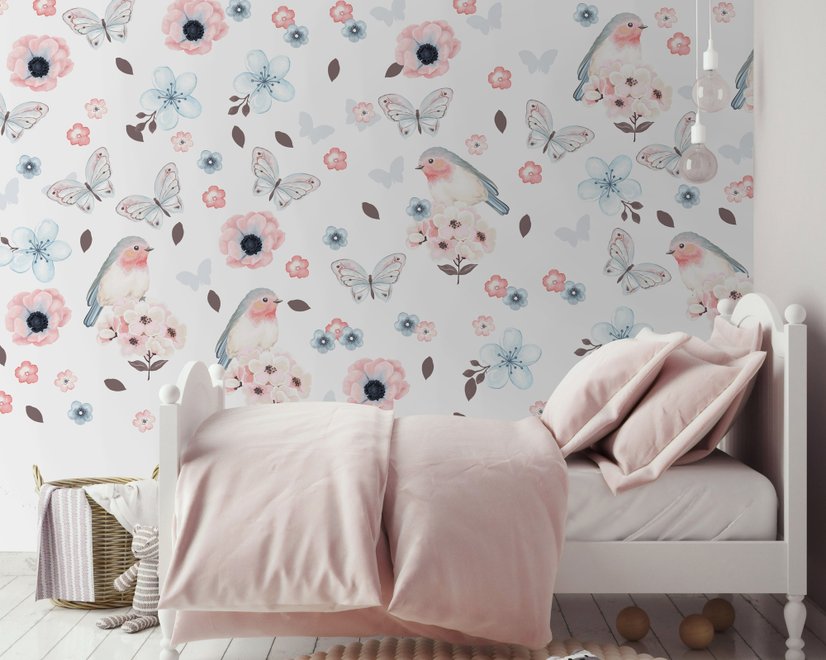 Aquarelle rose bleu fleurs avec oiseaux et papillons Stickers muraux