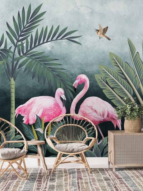 Pink Flamingo with Vintage Forest Wallpaper Mural