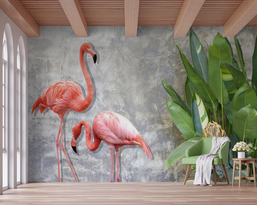 3D Look Pink Flamingo mit tropischen Blättern Fototapete