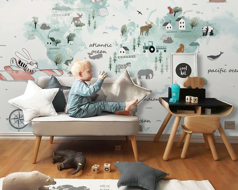Kinder Blaue Weltkarte mit Niedlichen Tieren und Fliegendem Kaninchen Fototapete