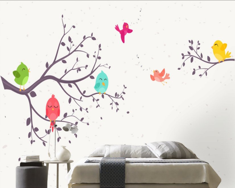 Papier peint panoramique arbre cartoon oiseaux colorés chantants enfants