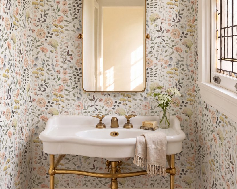 Watercolour wildflower wallpaper with pastel flowers and sage leaves on a white ground