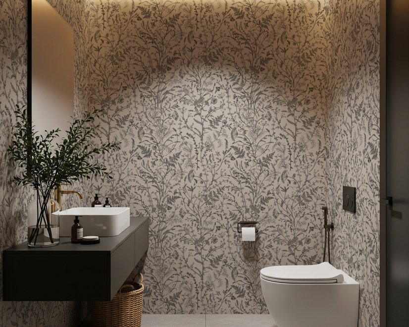 Black outline botanical wallpaper with charcoal wildflowers and grasses on a warm ivory cream ground