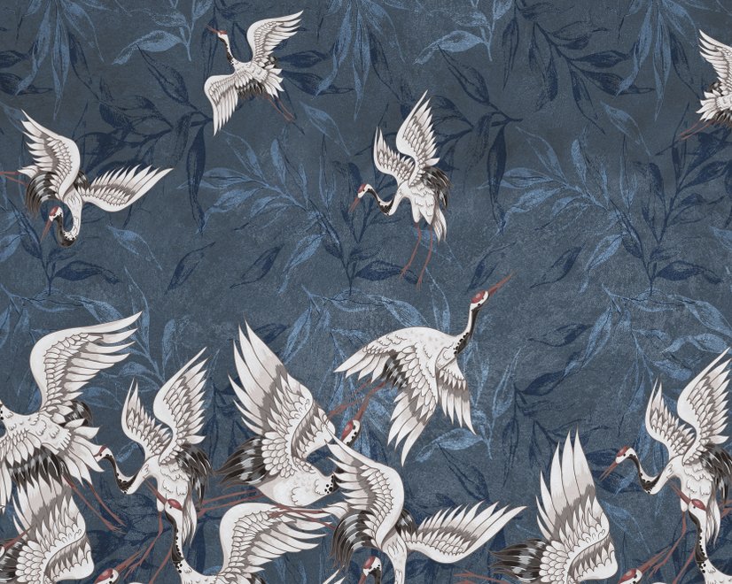 Fototapete Dunkelblaue Blätter im Grunge-Stil mit Kranichen