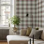 Sage green and cream-white tartan plaid wallpaper with deep red stripes and woven thread texture