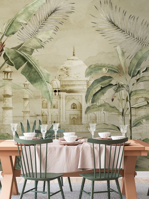 Papier peint panoramique Taj Mahal et feuilles vintage