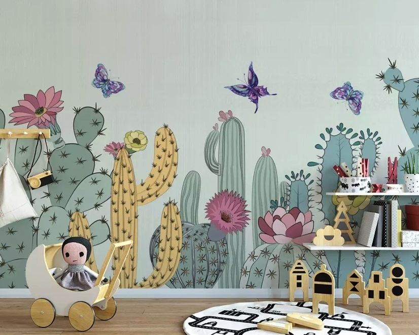 Watercolor Drawing Cactuses and Butterfly Wallpaper Mural