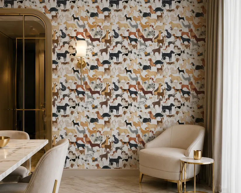 Zoomie kids wallpaper with painted dog breeds in tan, brown, black and grey on white