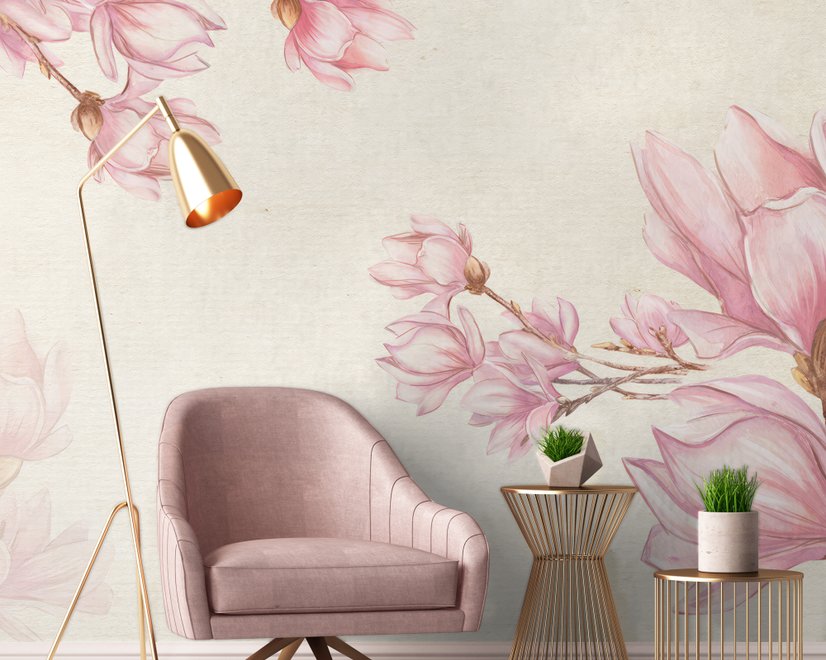 Watercolor Pink Magnolia Blossom Wallpaper Mural