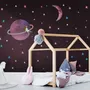 Colorful Space with Cute Little Girl on the Saturn Rings and Pink Moon Wall Decal Sticker