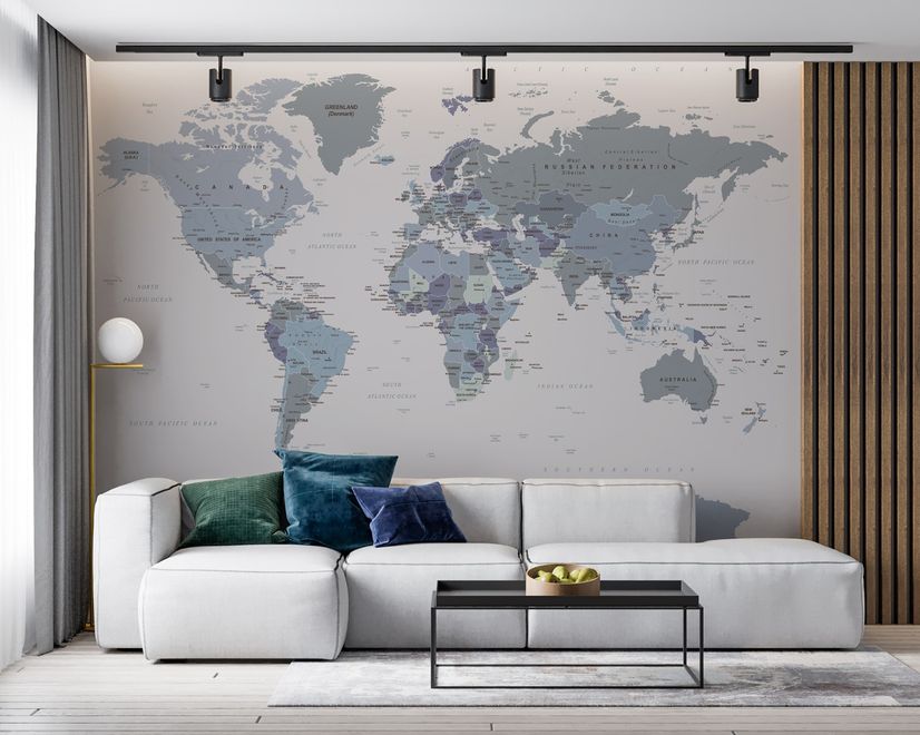 White and Purple Political World Map Wallpaper Mural