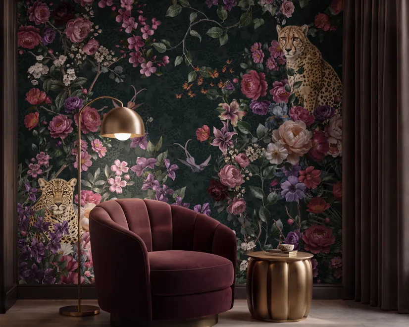 Dark Leopard Floral Garden Botanical Wallpaper Mural