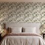 Vintage nature wallpaper with pale monkeys, sage grape leaves, white grape clusters and taupe vines on ivory.