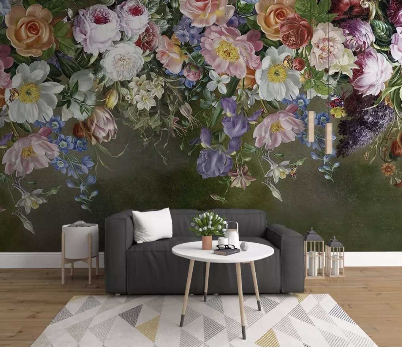 Vintage Colorful Vine Flowers Wallpaper Mural - Peel and Stick