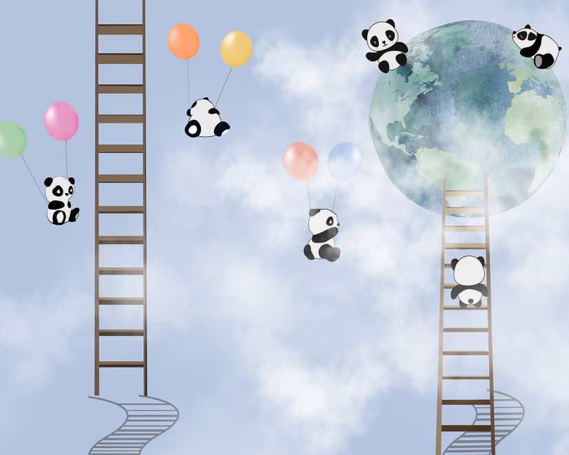 Cartoon Pandas in the Sky Wallpaper Mural