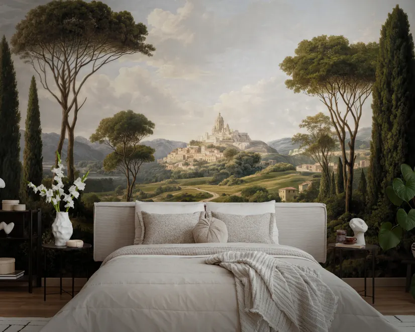 Vintage oil painting wallpaper of cypress trees, villas and a domed cathedral in an Italian landscape