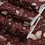 Pink butterflies wallpaper on a claret ground with cream flowers, moons, stars and spotted mushrooms.