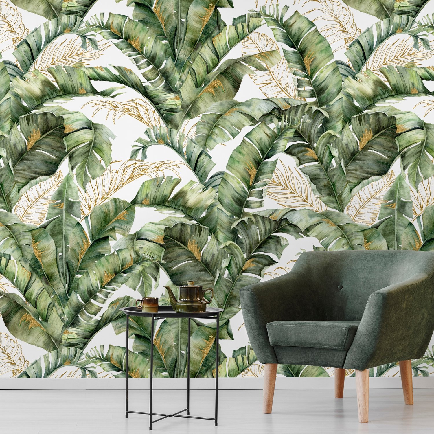 Watercolor Tropical Banana Leaf with Faux Gold Details Wallpaper Mural - Peel and Stick
