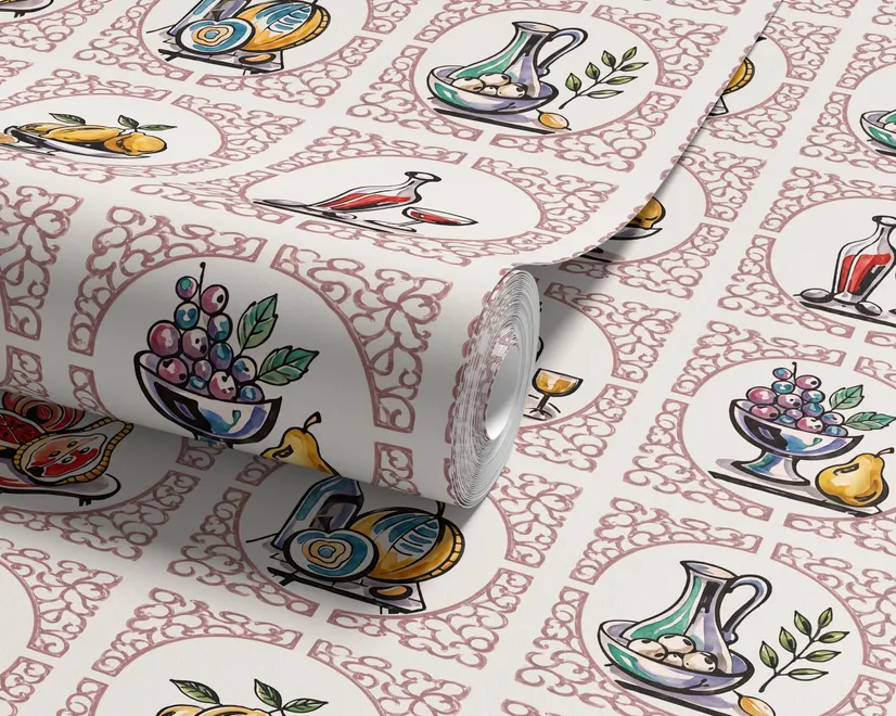 Bar wallpaper with cream tile grid, dusty rose arches, illustrated wine bottles, fruit and café still lifes