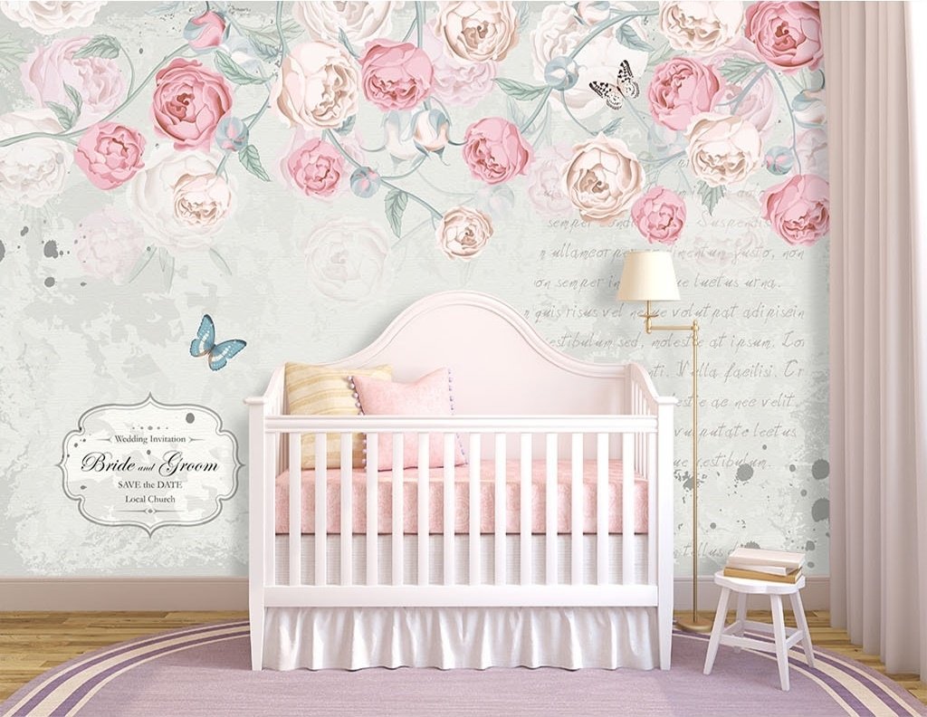 Pink Victorian Vine Flower Wallpaper Mural - Peel and Stick