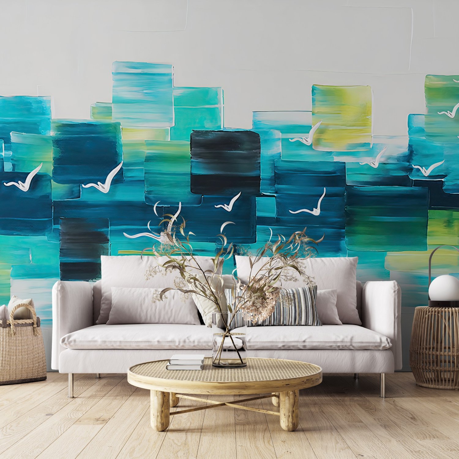 Abstract Turquoise Square Pattern Wallpaper Mural - Peel and Stick