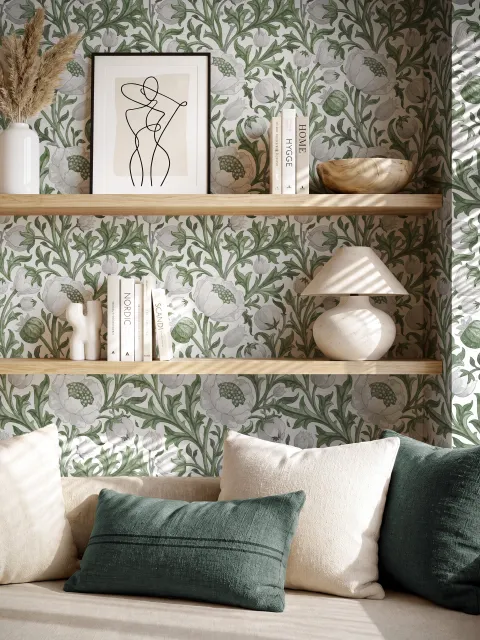 Sage green botanical floral wallpaper with white poppy flowers, lobed leaves and dotted seed centres