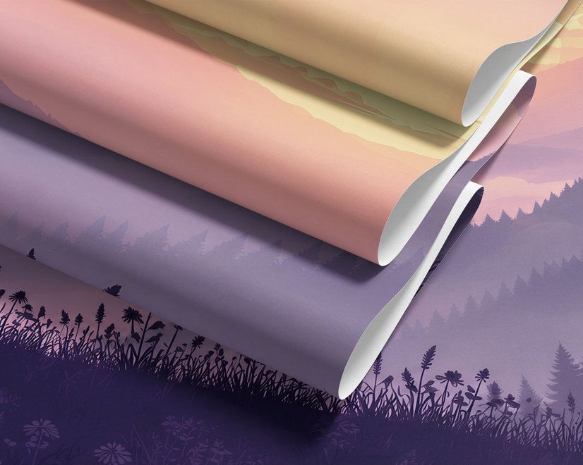 Stag mountain wallpaper with a navy deer silhouette, lavender pine ridges and a pale golden sun