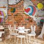 Hot Air Balloon with Young People on Brick Wallpaper Mural